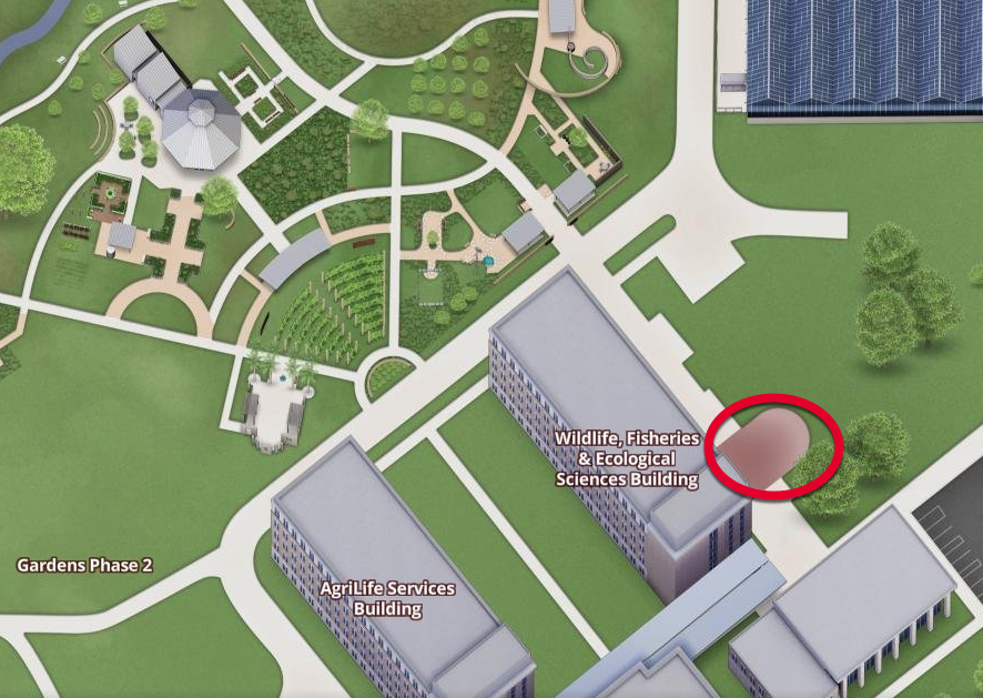 Map of Phase 2 for The Gardens. Map includes the AgriLife Services Building and the Wildlife, Fisheries and Ecological Sciences Building, with a red circle near the Wildlife, Fisheries and Ecological Sciences Building.