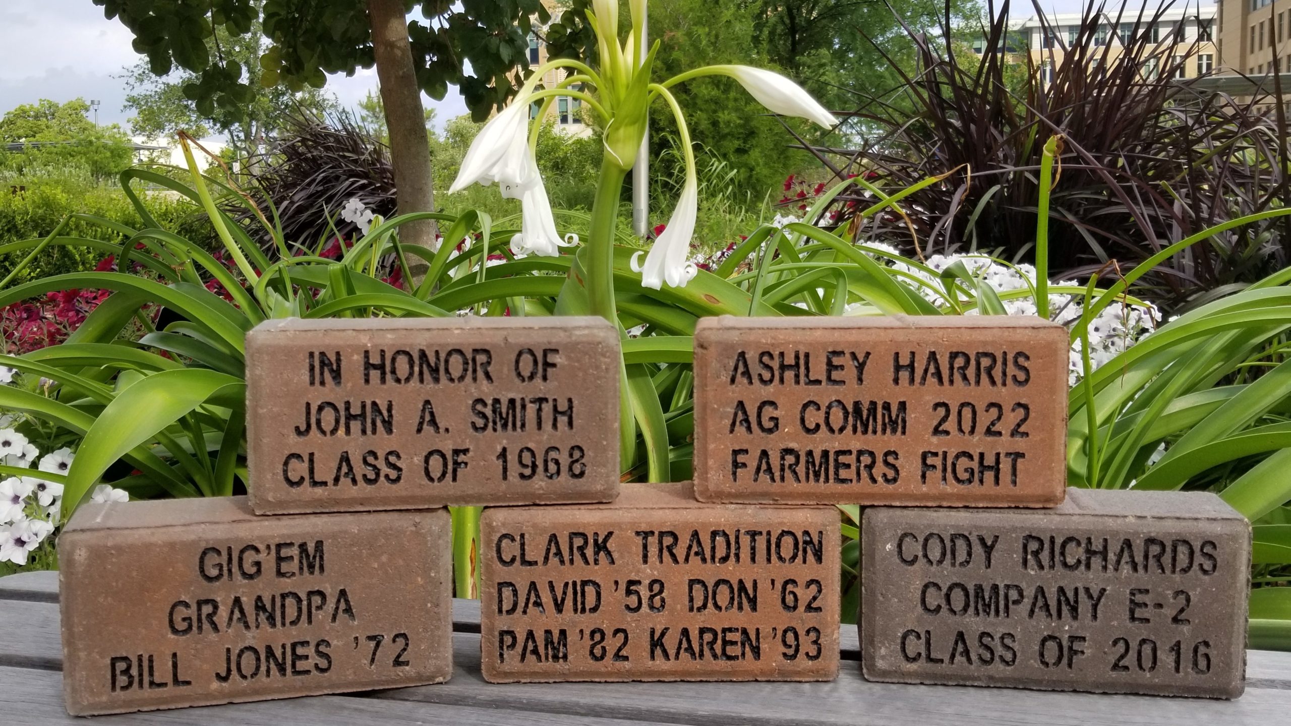 Five bricks stacked on top of each other with "In Honor of John A. Smith, Class of 1968; Ashley Harris, Ag Comm 2022, Farmers Fight; Gig'Em, Grandpa, Bill Jones '72; Clark Tradition, David '58, Don '62, Pam '82, Karen '93; and Cody Richards Company E-2, Class of 2016" engraved.