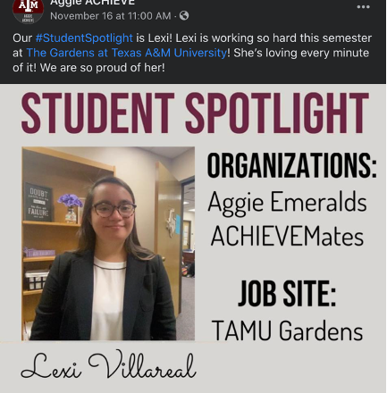 A post by Aggie ACHIEVE of a headshot of Lexi and the text "Student Spotlight"