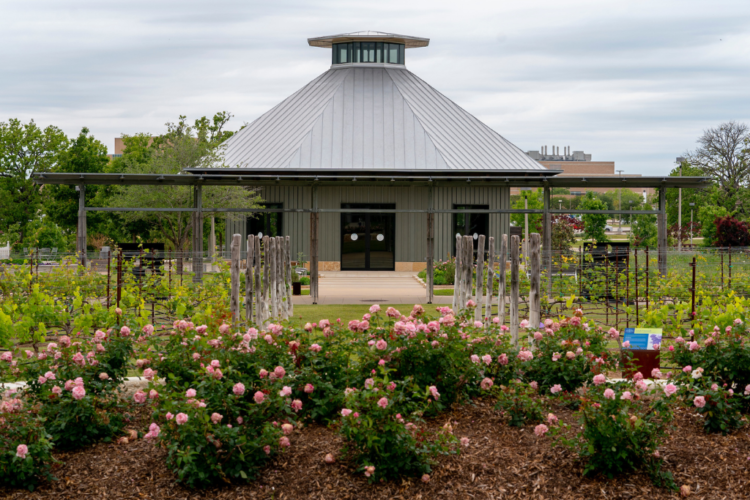 The Gardens Pavilion set behind a bed of roses.