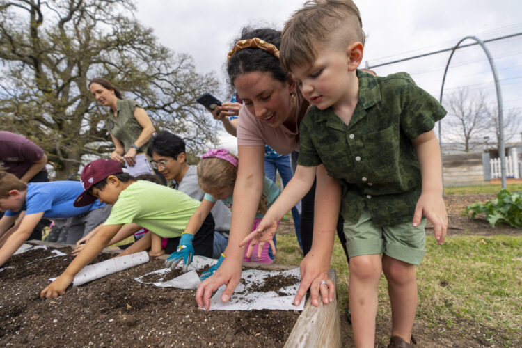 students plant seeds with guardians in a raised garden bed